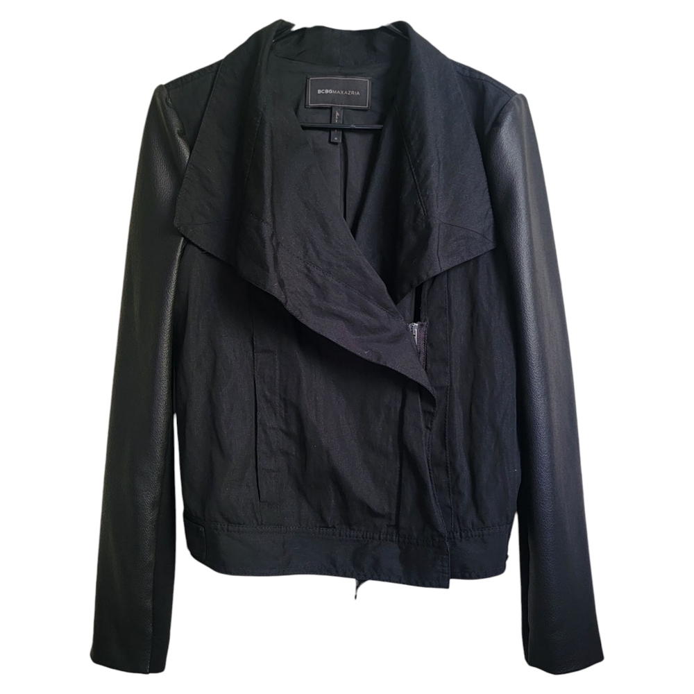 New BCBGMaxazria Black‎ Faux Leather Arm Drape Front Cotton Moto Jacket Medium
